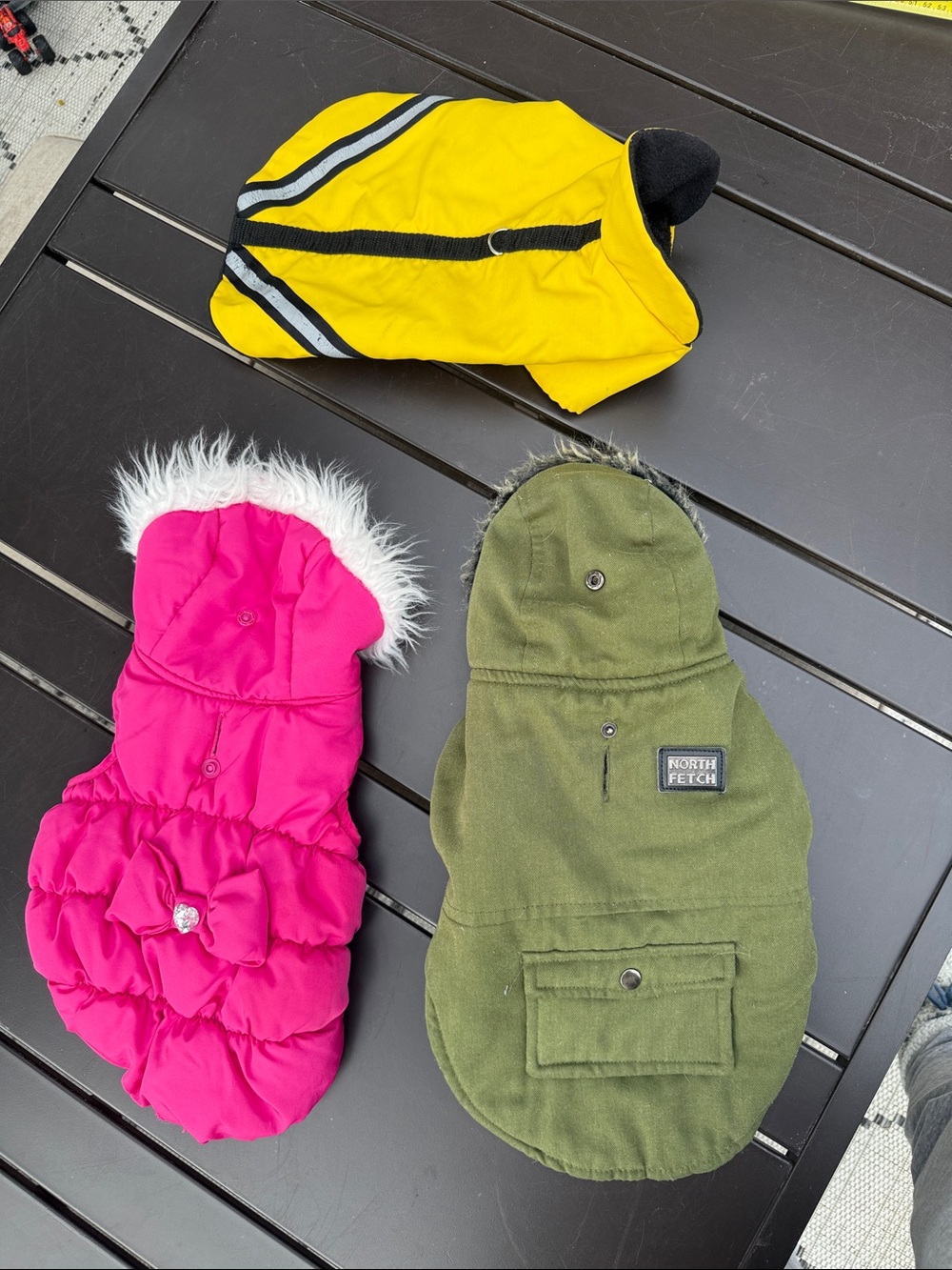 Olive, pink, yellow Puffer, winter, rain Dog Jacket with Faux Fur Hoods Small